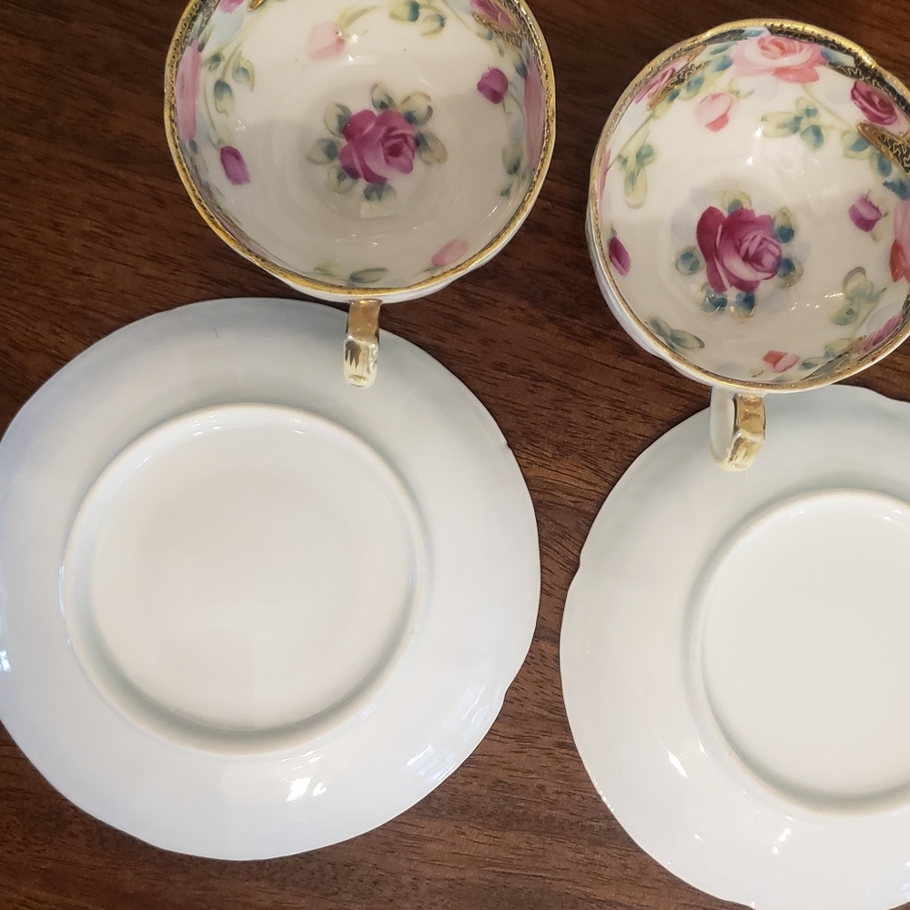 Vintage Teacups with Saucers Black & Gold Detail Pink Flowers - Picture 11 of 14